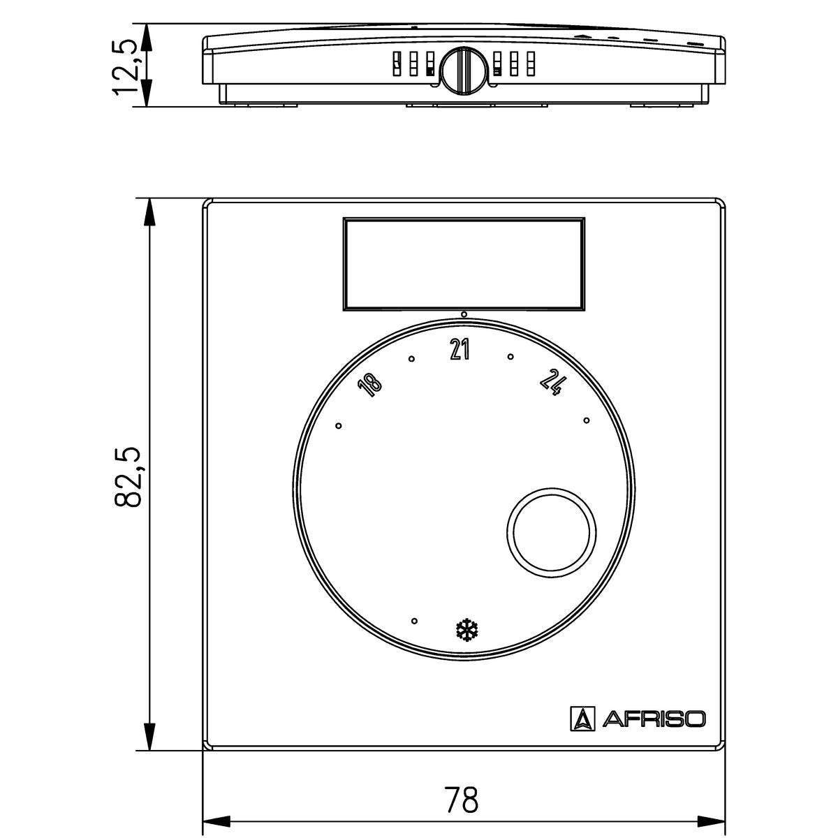 Abmessungen des EnOcean®-Funk-Raumfühler FT (Temperatur) / FTF (Temperatur und Feuchte) von AFRISO