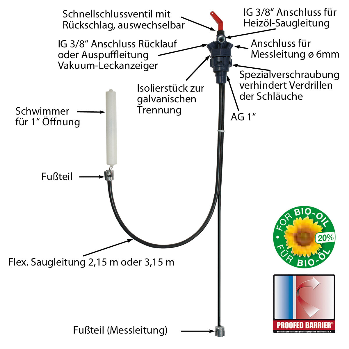 Heizöl-Tankentnahmeeinrichtung Euroflex 3 mit Schwimmer und Anschluss für pneumatische Füllstandsanzeiger
