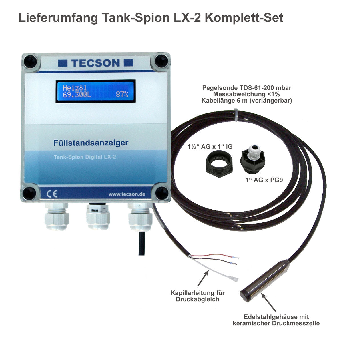 Lieferumfang - Digitaler Füllstandanzeiger Tankspion LX-2 incl. Tauchsonde mit 6 m Kabel