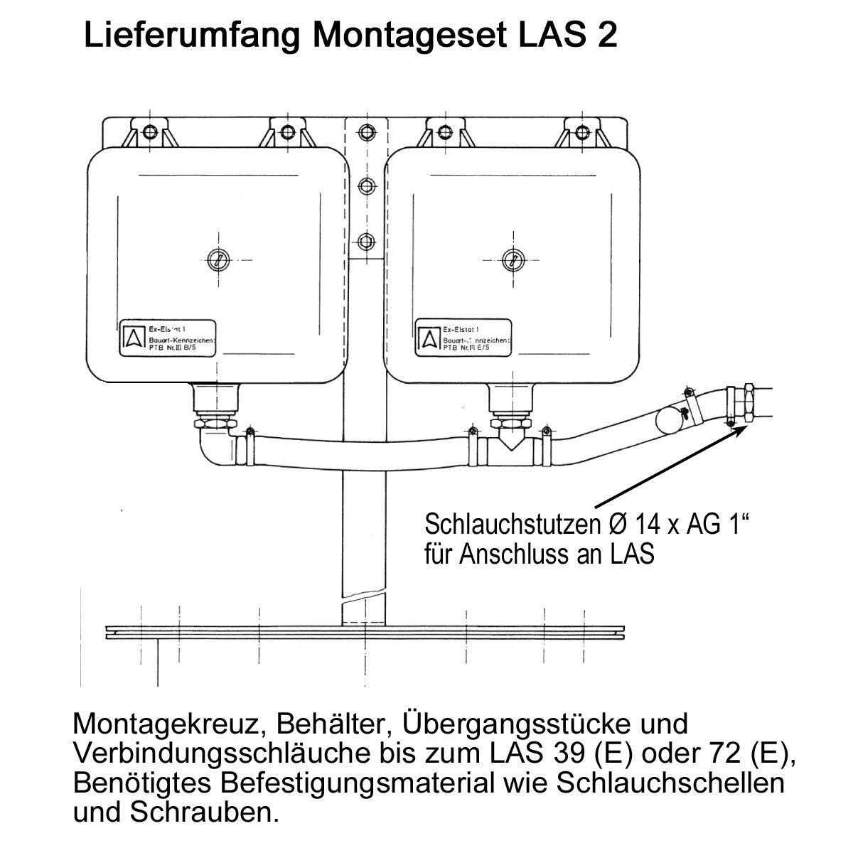 Montageset LAS Lieferumfang - Stahlkreuz, Zusatzbehälter und Verbindungsmaterial zum LAS
