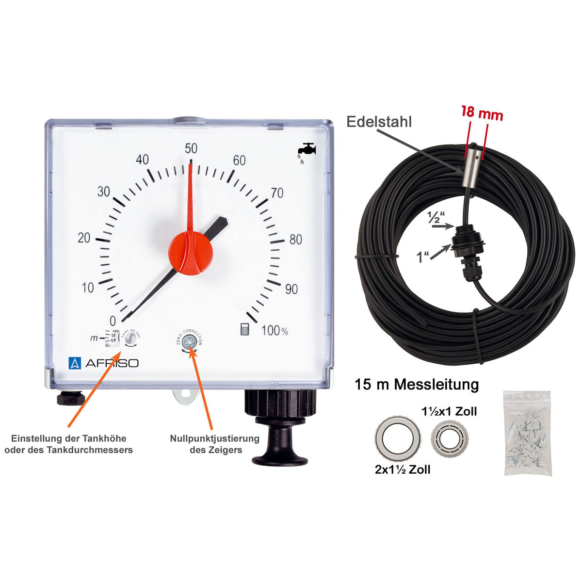 Unitel-Set, Füllstandsanzeiger für Wasser mit Montagesatz (20 m Leitung, Fußteil, Reduzierstücke)
