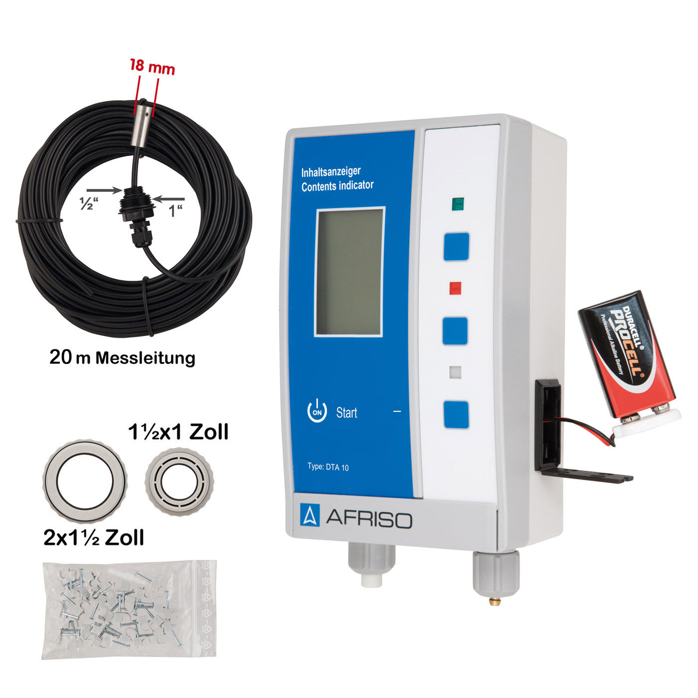 Füllstandsanzeiger DTA 10 mit Stadard Zubehör für Tanks mit einer freien Öffnung/Stutzen