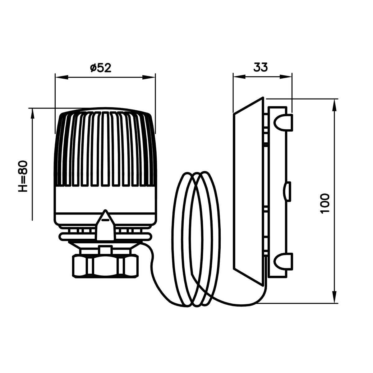 Abmessungen Thermostat-Regelkopf 323 F mit Fernfühler (2m Kapillarrohr) und Abdeckung