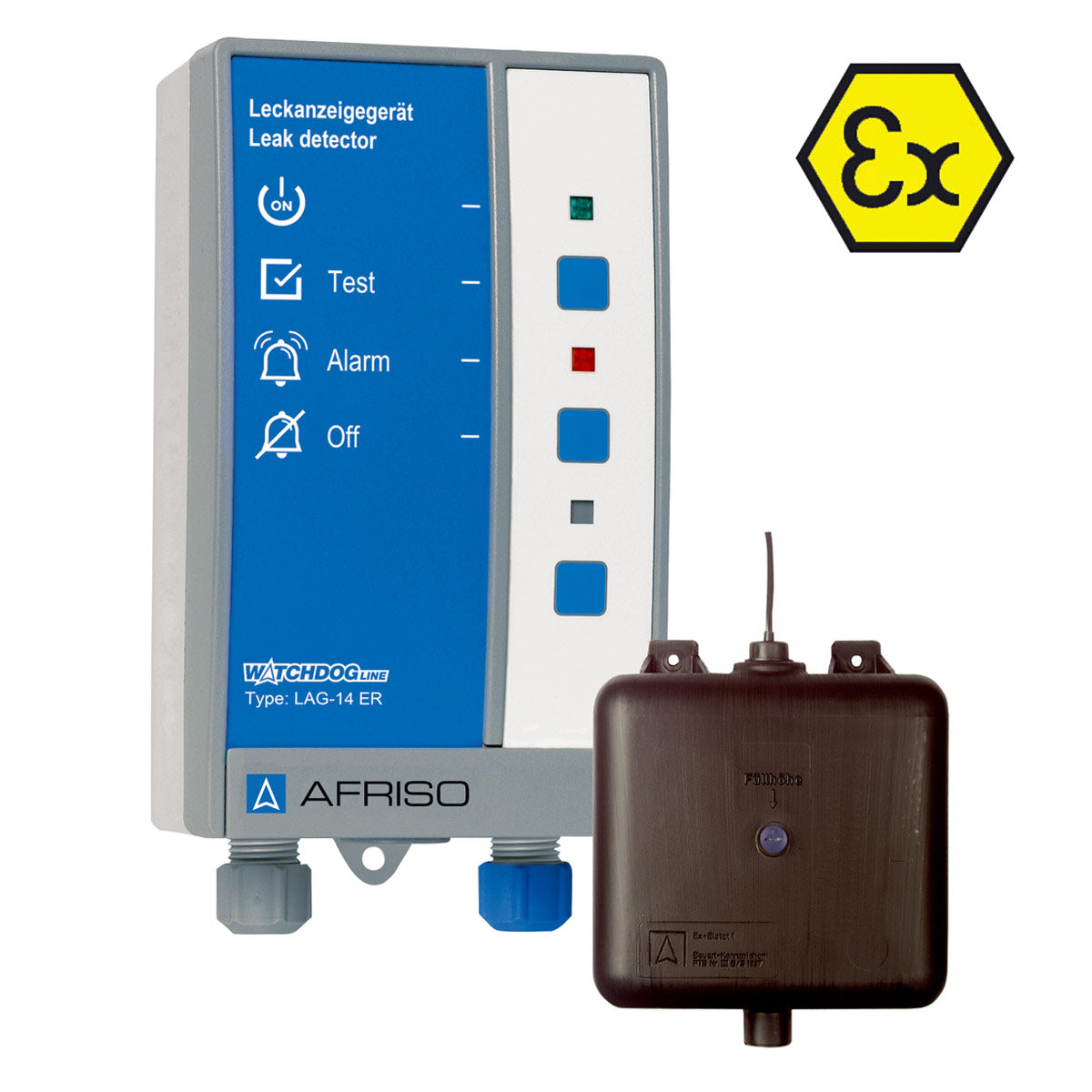 Leckanzeiger LAG-14 ER (eigensicher mit ATEX-Zulassung) mit Relaisausgang, inkl. Behälter und Sonde