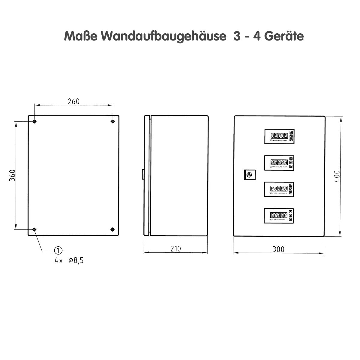 Technische Zeichnung mit Maßen - Wandaufbaugehäuse WAG 03 / 04